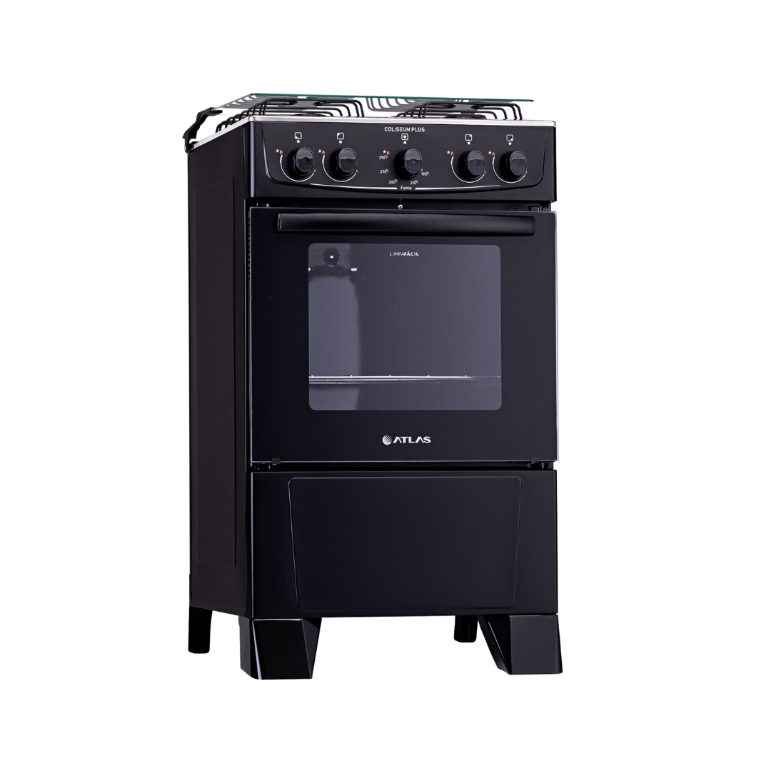 Atlas Cocina Coliseum Plus, ofrece 4 hornallas de alto rendimiento, un horno espacioso y un elegante diseño en negro. Ideal para quienes buscan eficiencia, funcionalidad y estilo en su cocina.

Especificaciones técnicas
- 4 hornallas.
- Horno amplio con puerta de vidrio.
- Encendido manual fácil de usar.
- Rejillas esmaltadas resistentes y duraderas.
- Perillas ergonómicas cómodas y de fácil manejo.
- Diseño en color negro, moderno y elegante.
- Funciona con gas.
