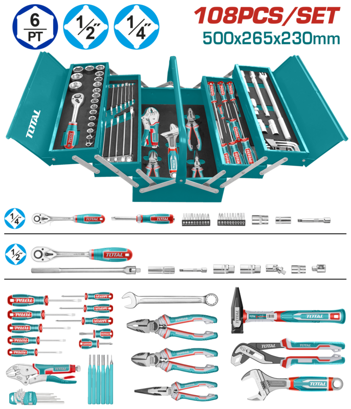 REF: THTCS121081
Juego de Cofre de Herramientas de 108
Incluye:
1 Llave de trinquete: 1/4"
13 Enchufes 1/4": 4-4.5-5-5.5-6-7-8-9-10-11-12-13-14
2 Barras de extensión: 1/4"Dr. x 50 mm, 1/4"Dr. x 100 mm
1 Mango giratorio: 1/4"x150 mm
1 Porta puntas: 1/4"6.35 mm
20 Puntas de destornillador: SL3, SL4, SL5, SL6, PH0, PH1, PH2, PH3, PZ0, PZ1, PZ2, PZ3, T10, T15, T20, T30, H3, H4, H5, H6
1 Llave de trinquete: 1/2"
1 Junta universal 1/2"
18 Enchufes 1/2"DR: 10-11-12-13-14-15-16-17-18-19-20-21-22-23-24-27-30-32 mm
2 Enchufes para bujías: 1/2"Dr. 16 mm - 21 mm
2 Barras de extensión: 1/2"Dr. x 125 mm, 1/2"Dr. x 250 mm
1 Mango flexible 1/2"Dr., 375 mm
1 Adaptador de tres vías 1/2"Dr.: 3/8"(F)x1/2(M)
10 Destornilladores: SL375, SL4100, SL5.5100, SL6.538, SL6.5125, SL8150, PH175, PH2125, PH238, PH3*200
12 Llaves combinadas: 8-10-11-12-13-14-15-16-17-18-19-22
9 Llaves de bola: 1.5-2-2.5-3-4-5-6-8-10
1 Alicate de mandíbula curva de 10"
1 Alicate de bomba de agua de 10"
1 Alicate de nariz larga de alta palanca de 6"
1 Alicate combinado de alta palanca de 8"
1 Alicate cortante diagonal de alta palanca de 7"
1 Martillo de maquinista de 300 g
1 Llave ajustable de 10"
6 Puntas de pasador: 1.5x152 mm, 3x152 mm, 4x152 mm, 5x152 mm, 6x152 mm, 8x152 mm