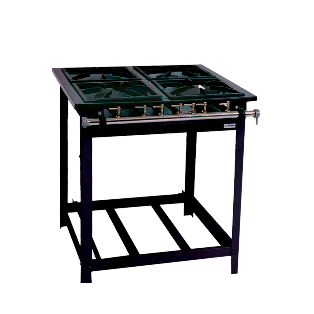 Ref.: E4

Estructura en acero de carbono.
- 4 quemadores simples 10mm.
- Parrilla de 30x30cm con perfil de 5cm.
- Para gas de baja presión.
- Quemador con accesorio fácil de quitar para limpieza y mantenimiento.
- Totalmente desmontable para facilitar su transporte y almacenamiento.

Dimensiones
- Frente: 0,74cm
- Profundidad: 0,82cm.
- Altura: 0,80cm