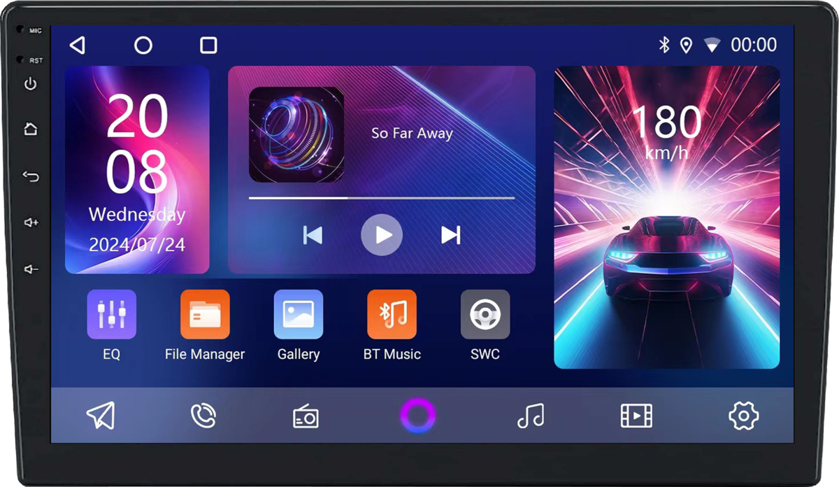 Radio reproductor de MP5 para auto
Plataformas Carplay y Android Auto
Función Mirror-Link
Función BT-Compatible
Nombre BT: MEGASTAR910
Radio FM
Wi-Fi incorporado
Ecualizador
Pantalla táctil de 9" / Doble DIN
Resolución: Full HD 1080P
2 Entradas USB
Entradas auxiliar y AV
Compatible con Steering Wheel Control (SWC)
Conexión a cámara de visión trasera

Alimentación: 10,8~14,4V 15A
Potencia de salida: 40Wx4
