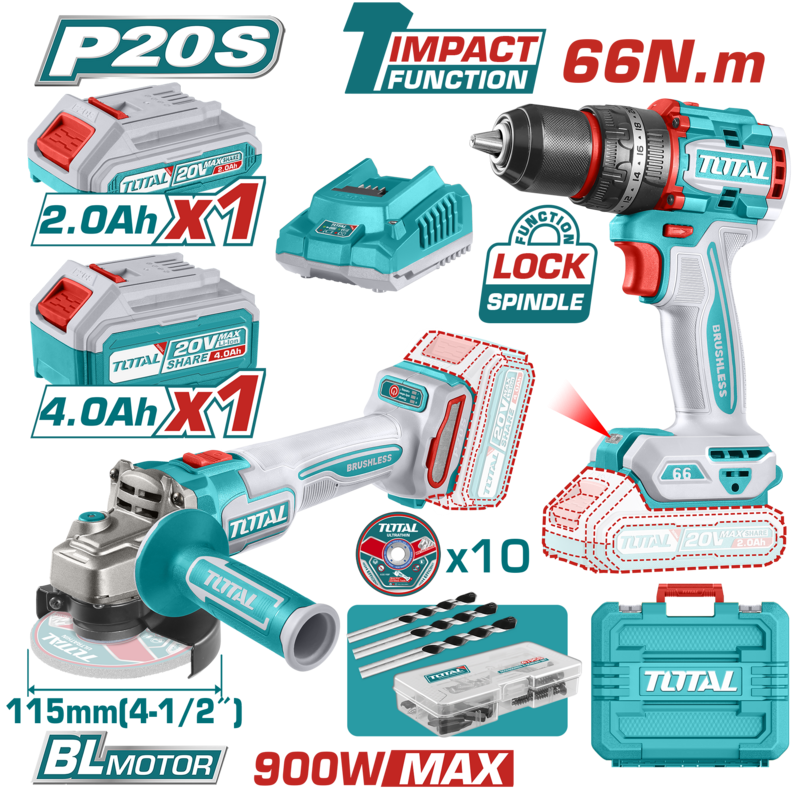 REF: TCKLI20273
1 amoladora angular inalámbrica 115mm (TAGLI21154)
1 taladro de impacto inalámbrico sin escobillas compacto 60Nm(TIDLI206002)
Incluye: 1 juego de discos de corte de metal abrasivo de 115 mm (10 piezas), 47 piezas de accesorios, 1 paquete de
Incluye:1 juego de discos de corte de 115 mm (10 unidades), 47 accesorios, 1 batería de 4.0Ah (TFBLI20021), 1 batería de 2.0Ah (TFBLI20011), 1 cargador de batería (TFCLI2001)
Empacado en maletín de transporte