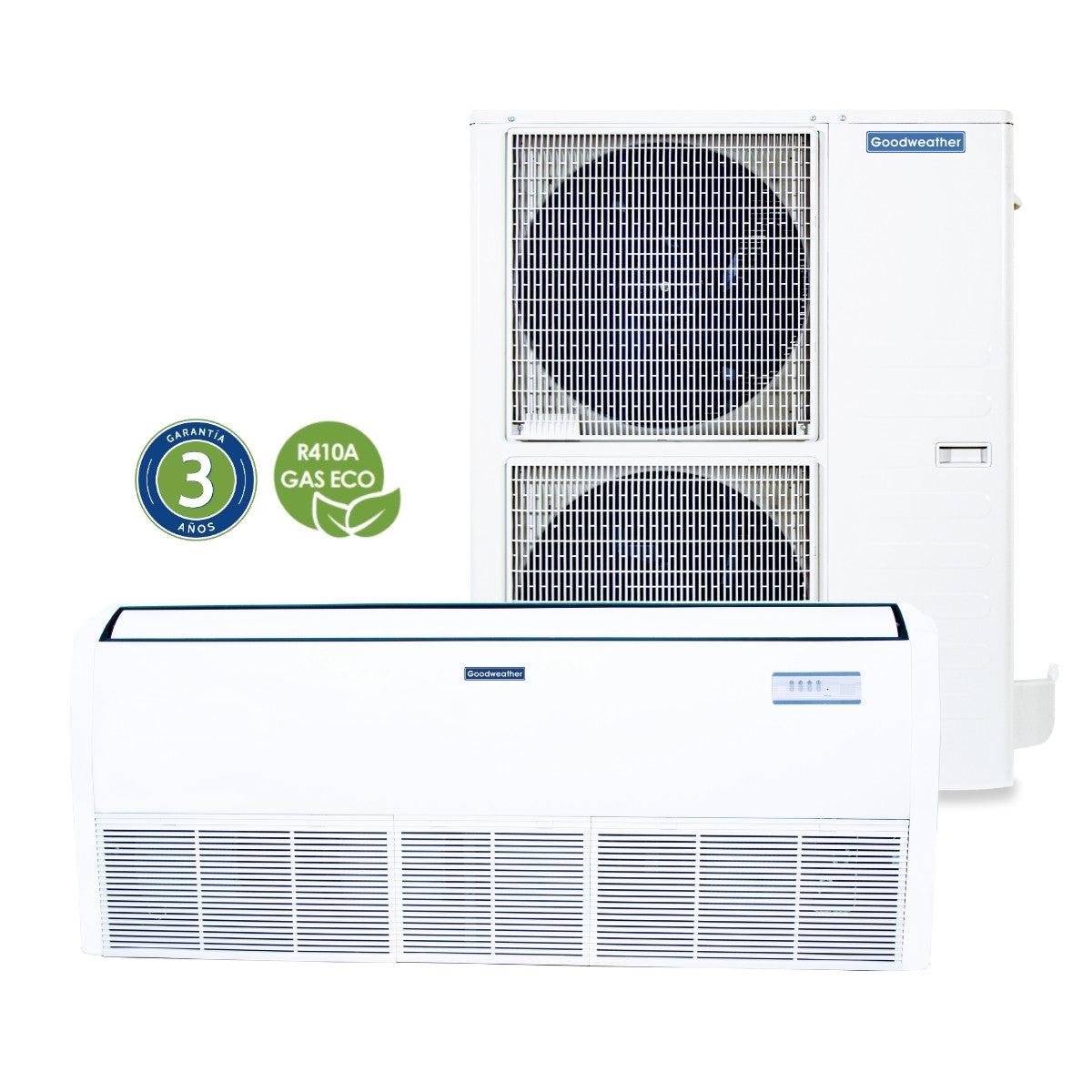 El aire acondicionado piso techo GoodWeather de 60.000 BTU, modelo GW-60PTGM2, es la solución ideal para climatizar amplios espacios comerciales o residenciales. Equipado con refrigerante R410A y un compresor rotativo de alta eficiencia, garantiza un enfriamiento rápido y eficiente. Su diseño flexible permite instalación en techo o pared, adaptándose a tus necesidades. Cuenta con funciones avanzadas como control remoto, temporizador programable y modo sleep, asegurando un ambiente fresco y confortable con bajo consumo energético. Para solicitar la instalación del aire acondicionado (servicio con costo adicional) sugerimos se contacte con nuestro Centro de Atención al Cliente al (021) 288 3000, esta se coordina una vez realizada la entrega del producto. La garantía técnica será reconocida únicamente si la instalación fue realizada por los técnicos autorizados de la red de talleres.

Autostar: SI
Cantidad de piezas: 2 PZ
Capacidad: 60.000 BTU
Color: BLANCO
Condensador: ALT: 114CM / AN: 89 CM / PROF: 67 CM
Control remoto: SI
Eficiencia energetica: ALTA
Evaporador: ALT: 23CM / AN: 165 CM / PROF: 87 CM
Filtro de aire: SI
Incluye kit de instalacion : NO
Modelo: GW-60PTGM2
Modo de operacion: FRIO / CALOR
Nivel de ruido: BAJO
Persianas: MOVIBLES
Super silencioso: SI
Tipo de aire: PISO TECHO
Tipo de gas: RA10 GAS ECO
Trifasico: SI