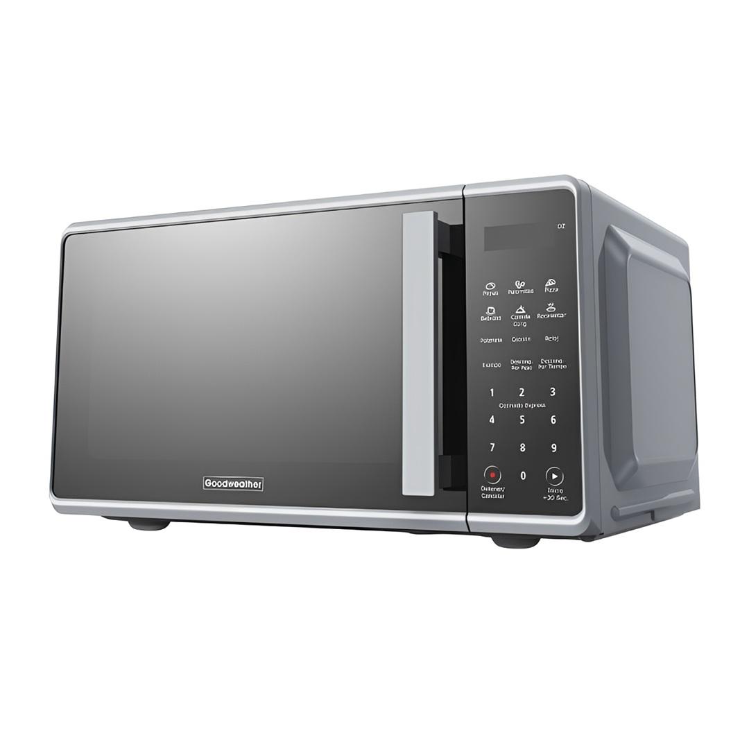 MICROONDAS GOODWEATHER GW-20AP
El GoodWeather Microondas ofrece practicidad y eficiencia para la cocina diaria. Con capacidad de 20 litros, permite calentar, descongelar y cocinar alimentos de manera rápida y uniforme.

- Múltiple funciones, incluyendo reloj, temporizador y menús automáticos.
- 6 opciones de menú automática.
- Descongelación automática por tiempo o por peso.
- Bandeja giratoria de vidrio para una cocción uniforme resistente al calor.
- 10 niveles de potencia ajustables.
- Señal final de cocción.
- Voltaje: 230/50Hz.
- Potencia: 700 W.
- Inicio de 30 segundos.
- Imagen Ilustrativa
Medidas:
- Altura: 24 cm.
- Ancho: 44 cm.
- Profundidad: 35 cm.
- Peso 9 Kg.