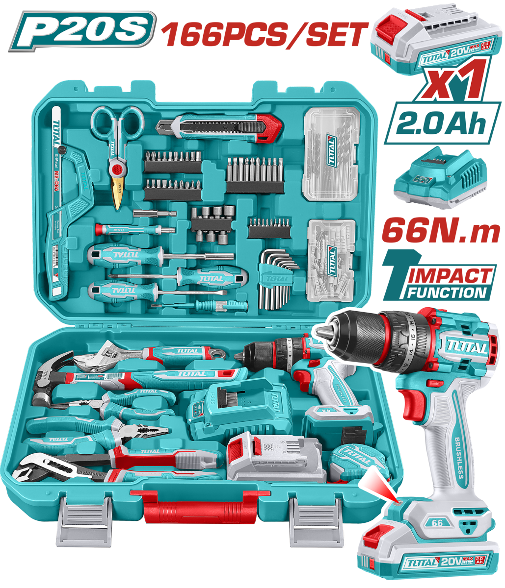 KIT TALADRO PERCUTOR TOTAL A BATERIA 20V CON JUEGO DE HERRAMIENTAS (166 PZS) - BAT/CAR