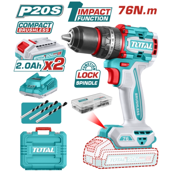 TALADRO PERCUTOR TOTAL A BATERIA 20V 76NM - 2BAT/CAR(4A) - TIDLI207686