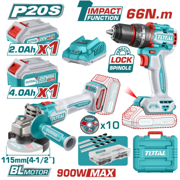 KIT TALADRO PERCUTOR TOTAL 66NM Y AMOLADORA 115MM (1200W MAX) A BATERIA 20V BL - 2BAT/CAR -  TCKLI20256