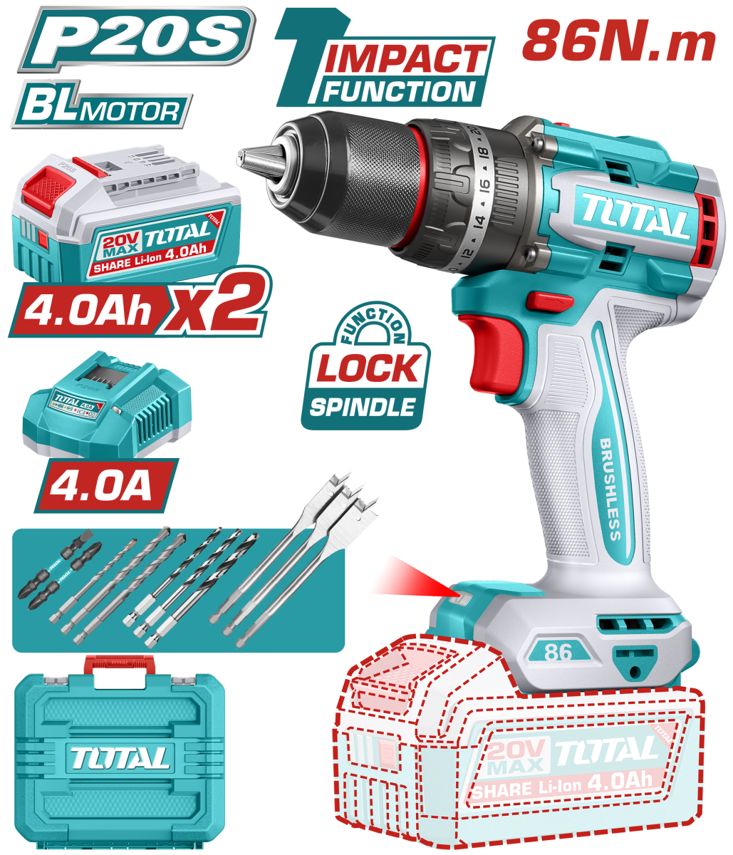 TALADRO PERCUTOR TOTAL A BATERIA 20V 86NM BL - 2BAT(4AH+4AH)/CAR(4A) - TIDLI208682