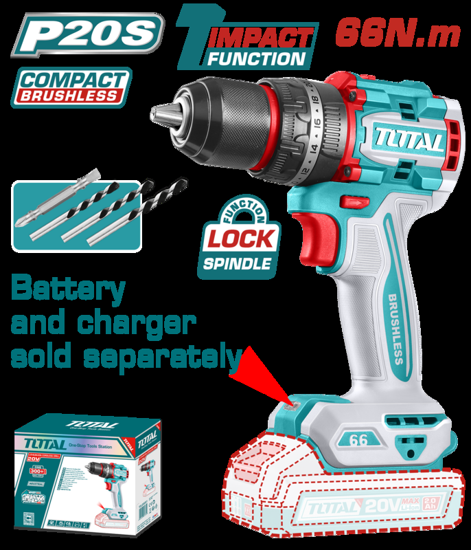 TALADRO PERCUTOR A BATERIA TOTAL 20V 66NM (COMPACTO) BL - SIN BAT - TIDLI206681